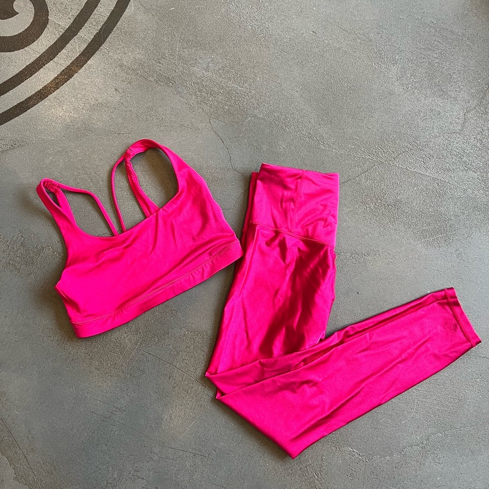 Athleta shiny pink leggings and bra top size Medium